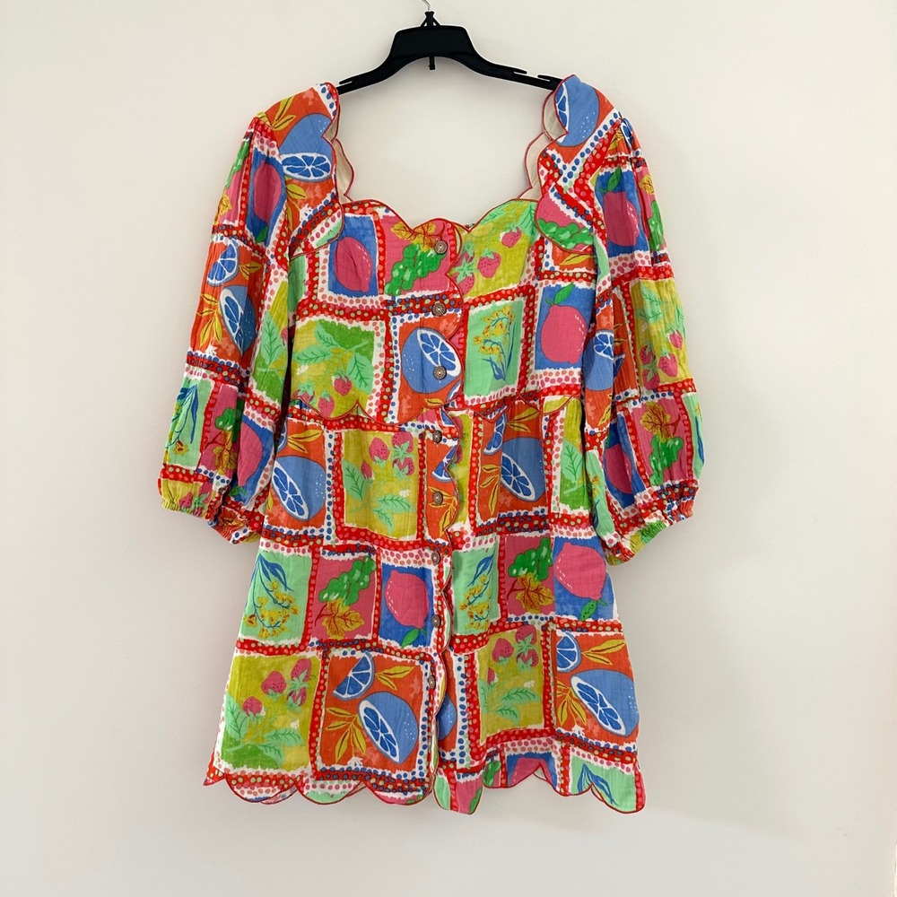 Karlie Fruit Patchwork Print Mini Dress Medium Multicolor Scalloped Vacation